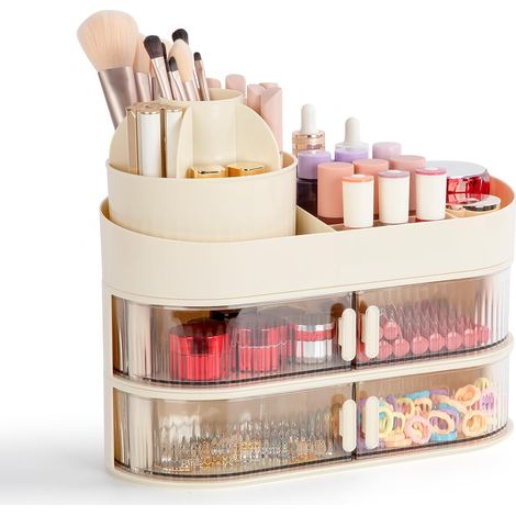Boite Skincare Organisateur Coiffeuse Boite, Grande Capacité Organizer Makeup Make Up Organiser avec petit tiroir multifonctionnel (Beige)