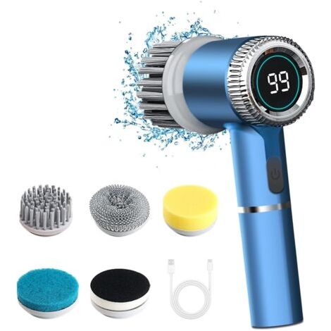 Brosse de nettoyage électrique pour carrelage de cuisine, salle de bain, voiture avec 5 têtes de brosse remplaçables et affichage LED, bleu. (1/5)