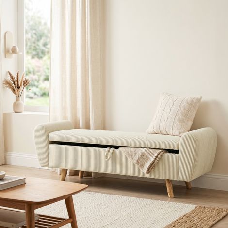 Banc de rangement 73 L. coffre de rangement rembourré en velours côtelé avec accoudoirs et pieds en bois d'hévéa. beige