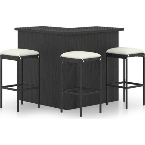 Ensemble Table de bar + 3 Chaises de bar de jardin - Table Haute avec 3 Tabourets avec coussins Résine tressée Noir BV811352 - BonneVie (1/5)