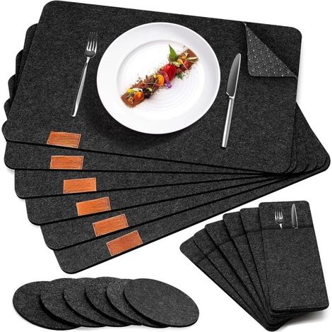 Ensemble de 18 sets de table en feutre anthracite avec dessous de verre et porte-couverts