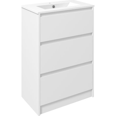 600mm High Gloss White Bathroom Vanity Unit with Basin and 1 Tap Hole, Floor Standing Sink Unit with 2 Drawers for Cloakroom Storage