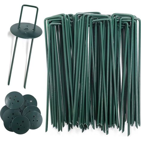 Estacas para jardín, estacas para tela de techo, malla metálica y redes, 40 estacas para césped (15 cm de alto, 4 cm de ancho, 2,5 mm de diámetro) y 10 arandelas surtidas. (1/5)