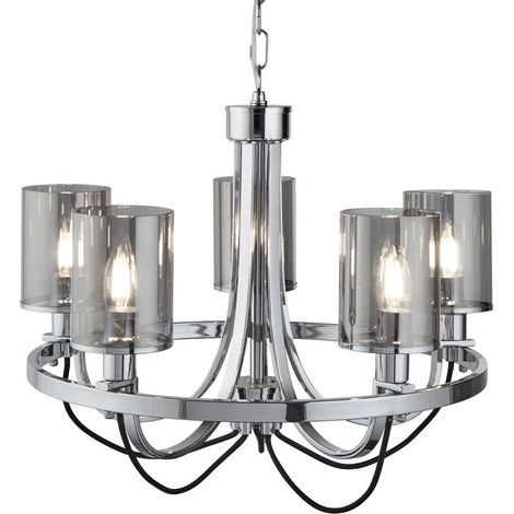 Searchlight Catalina - Plafonnier à 5 ampoules à bras multiples, chrome, fumé, verre, E14 (1/3)