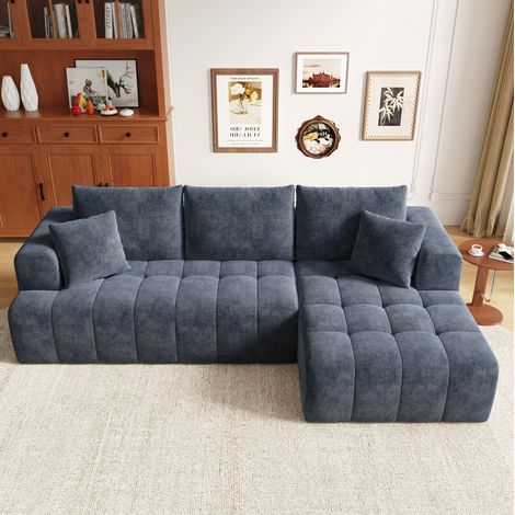Sofá esquinero modular de chenilla azul, diseño bajo para espacios pequeños - CHICFURN (1/5)