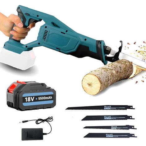 Scie sabre,Scie à sabre sans fil, scie alternative, lames 4x, pour le plastique en bois et le métal, batterie et chargeur de 5500mAh, compatible avec la batterie Makita (1/5)