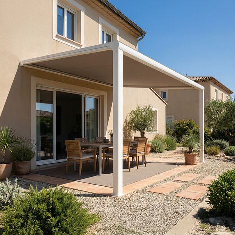 Pergola toile QUARTZ (Motorisation à télécommande + Manœuvre de secours + LED - Blanc RAL 9010 - Taupe 250g/m² - 4.00 x 4.00 m (1 module, 2 poteaux))