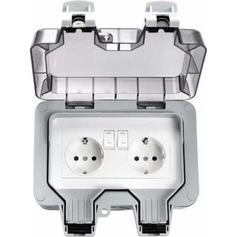 Prises étanches Extérieures, Double Prise Extérieure électrique IP66, Prises Murales étanches à 2 Groupes avec Couvercles, pour intérieur et extérieur, Garage, Piscine, Jardin. (1/4)