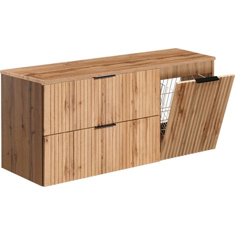 Furnidea - Meuble suspendu sous vasque ADEL CHÊNE 120 cm avec panier à linge et plan - 2 tiroirs - Façades rainurées (1/5)