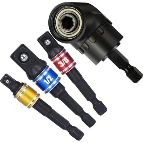 Set mit 4 Bohradaptern, 105°-Winkel, 1/2-Zoll-, 3/8-Zoll- und 1/4-Zoll-Bohrfutter, 360°-Stecknussverlängerungen für Muttern und Schrauben (1/5)
