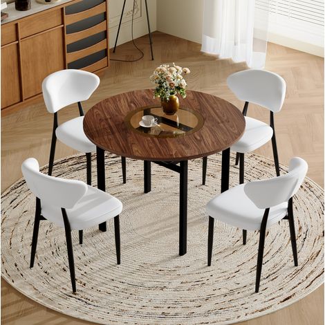 Set de mesa redonda 100 cm con 4 sillas de PU blanco, estilo moderno, OKWISH (1/5)