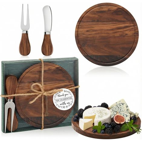 Tabla redonda de madera de arce para quesos con cuchillos y tenedores para servir (20 cm) (1/5)