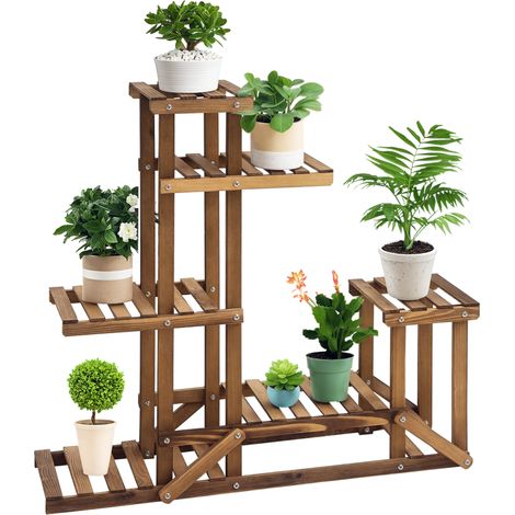 Scaffale Porta Piante Asimmetrico a 6 Livelli per Giardino e Casa in Legno, 98x28x96.5cm