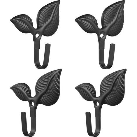 4pcs Feuille de fer - forme rideau Tieback crochets avec vis, mur monté draperie retenues pour rideaux, serviettes, manteaux, noir