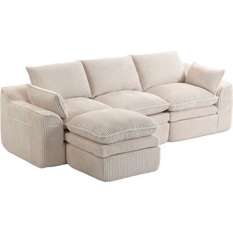 Canapé modulaire 3 places en velours côtelé beige avec pouf et rangements latéraux (1/5)
