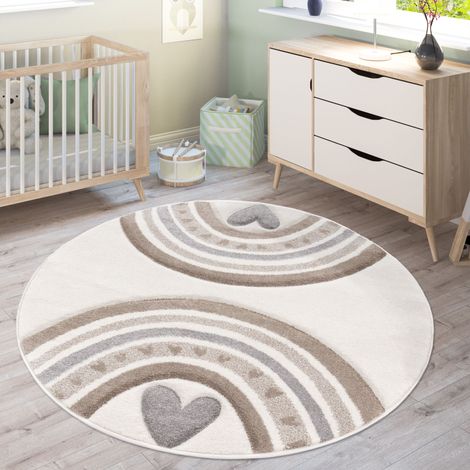 Paco Home Tappeto Bambini Cameretta Arcobaleno Cuore 3D Beige Crema Ø 200 cm tondo