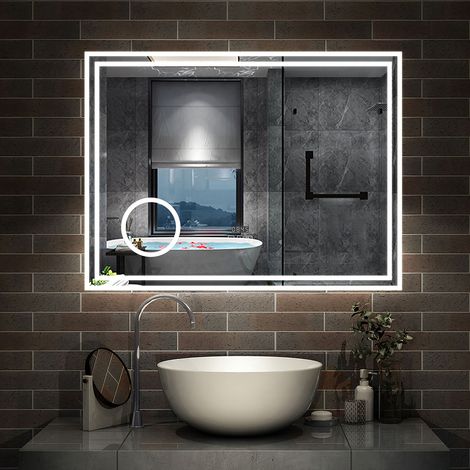 AICA Miroir salle de bain Lumineux 100x60cm 3 colours et Dimmable et 3x Loupe et Bluetooth et Horloge et Anti-Buée (1/5)