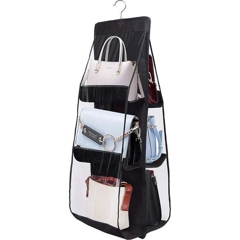 Schwarzer Hänge-Handtaschenorganizer mit 6 Fächern, hergestellt aus umweltfreundlichem, natürlichem Vliesstoff, für Schlafzimmer oder Kleiderschränke. (1/5)