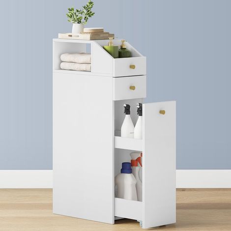 Meuble salle de bain étroit avec tiroir sur roulettes – Dimensions 40x20x80 cm – Panneau de particules blanc – Rangement pratique pour espaces réduits