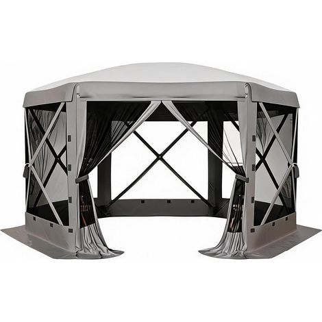 Tonnelle Pliante Hexagonale 4 m avec Moustiquaire, Parois Coupe-Vent Amovibles, Montage Rapide, Abri Extérieur Jardin et Camping, Gris (1/5)