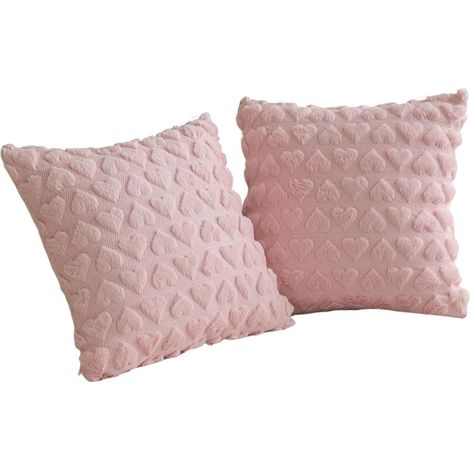 Housses de coussin en peluche – Lot de 2 – 45 x 45 cm – Rose foncé – Motif cœur – Douces et décoratives – Pour canapé, fauteuil et chambre (1/5)