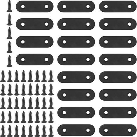 Packung mit 20 flachen, geraden 50-mm-Eckwinkeln aus schwarzem Metall mit 45 Schrauben für Holzmöbel (50 x 2 mm) (1/5)