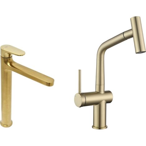 Set grifo de lavabo XL + grifo de cocina Ceramia Timeless de acero inoxidable con ducha extraíble, oro cepillado