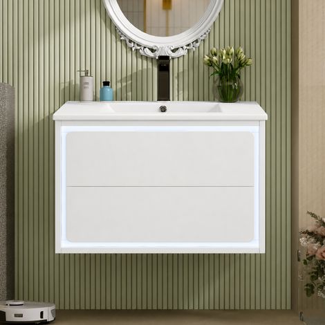 Meuble vasque suspendu 76x46x48.5cm laqué blanc, éclairage LED détecteur mouvement, 2 tiroirs coulissants silencieux, lavabo intégré, salle bain moderne et fonctionnel (1/5)