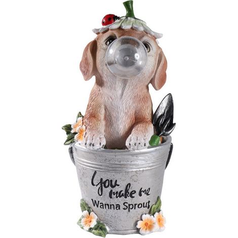 Statue pour Jardin - Chiot avec Bulle de Gomme et Lumières LED Solaires pour Décoration d’Intérieure et Extérieure pour Pelouse de Patio,Décor pour Saison Fêtes Noël