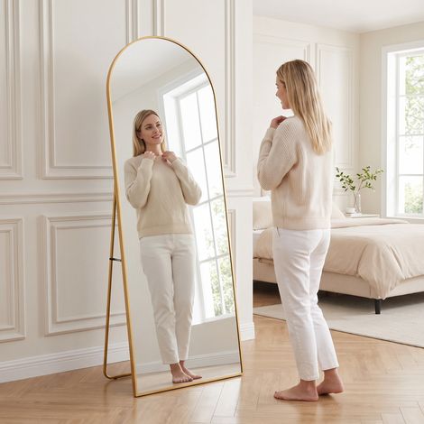 Miroir sur pied 162 x 53 cm de grande taille plein pied vertical cadre fin en alliage d'aluminium verre trempé antidéflagrant style moderne scandinave doré (1/5)