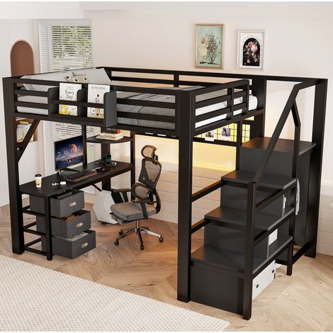 Metall-Hochbett 140x200 cm schwarz aus MDF und Metall mit Schreibtisch, LED-Beleuchtung und Stauraum (1/5)