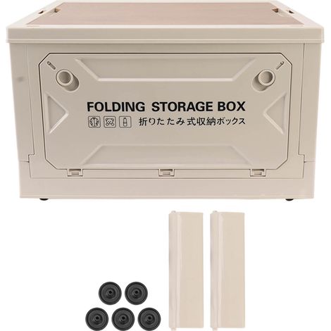Boîte de rangement pliable pour le camping avec couvercle en bois, bac de rangement pliable à roulettes pour voiture, camping et pique-nique, gris et blanc (1/5)