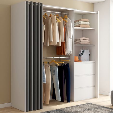 MARTY 120/170 x 50 x 180 cm armario blanco extraíble con 3 cajones + estantes + doble espacio para colgar + cortina gris