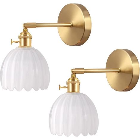 Lot de 2 Applique Murale Fleur Vintage Laiton Doré et Verre Blanc avec Interrupteur Lampe Murale Vintage E27 Luminaire Murale pour Salle de Bain (1/5)
