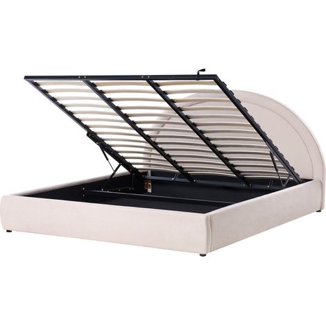 Cama con somier de tela 180 x 200 cm con cabecero espacio almacenaje elevable beige claro Mouzon