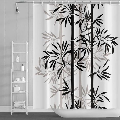 140x183cm Bambou Feuilles Rideau de Douche Noir Blanc Abstrait Plante Peinture à l'Encre pour Enfants Salle de Bains Polyester avec Crochets (1/5)