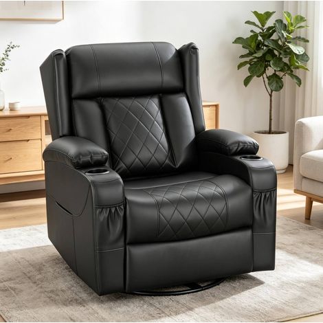 Sillón relax reclinable giratorio 360° con reposapiés de piel sintética negra OKWISH (1/5)
