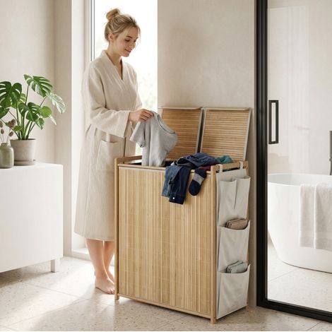 Cesto portabiancheria in bambù con coperchio, sacchi estraibili e tasche laterali, 120 L (1/5)