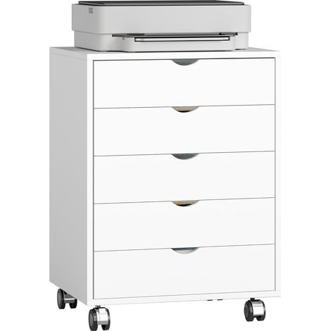 Caisson bureau mobile avec 5 tiroirs, meuble rangement bureau sur roulettes pour documents A3/Lettre/A4 et imprimante, caisson de rangement pour travail ou chambre, 50 x 40 x 67,5 cm, blanc