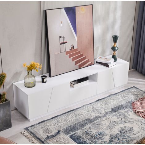 Meuble TV moderne 170 cm en MDF blanc, design patchwork diagonal, sans poignée (1/5)