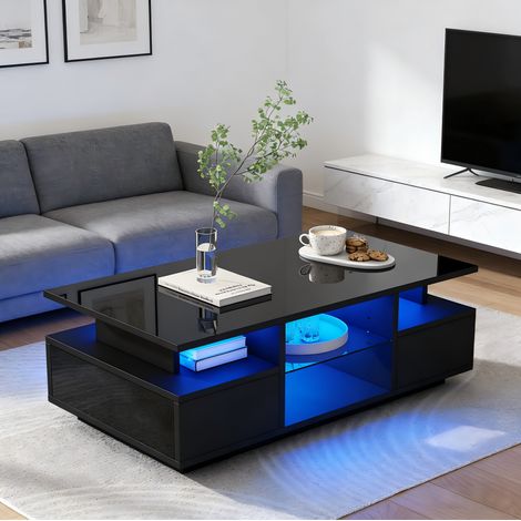 Tavolino da salotto 100x50x36 cm nero lucido con LED, 2 cassetti e ripiani aperti in vetro, design moderno (1/5)