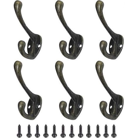 Lot de 6 patères vintage en métal, crochets muraux pour vêtements avec vis, couleur bronze (1/5)