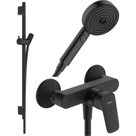 HANSGROHE Pack mezclador mecánico de ducha Logis + barra Unica S Puro + flexible + rociador Pulsify Select 3 jets negro mate