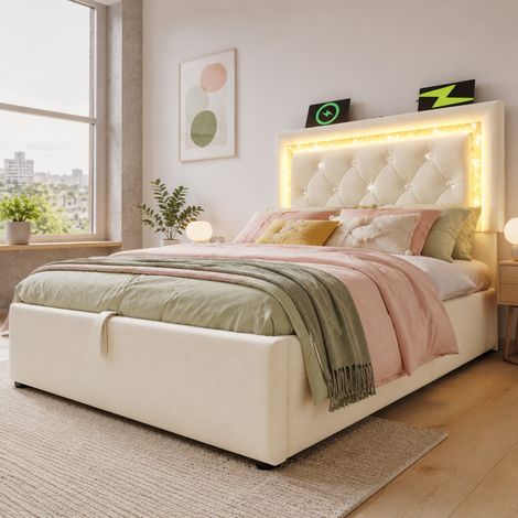 Letto singolo 90x200 cm beige in velluto con LED, ricarica USB-C e contenitore idraulico (1/5)