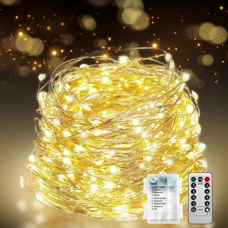 Guirlande lumineuse LED – Guirlande lumineuse extérieure – 20 m – 200 LED – Fonctionne sur piles avec télécommande – Lumière blanc chaud (1/5)
