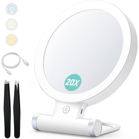Miroir grossissant avec lumière, 20x/1x, Double Face, Miroir de Maquillage Portable, éclairage 3 Couleurs, écran Tactile à intensité Variable (1/5)