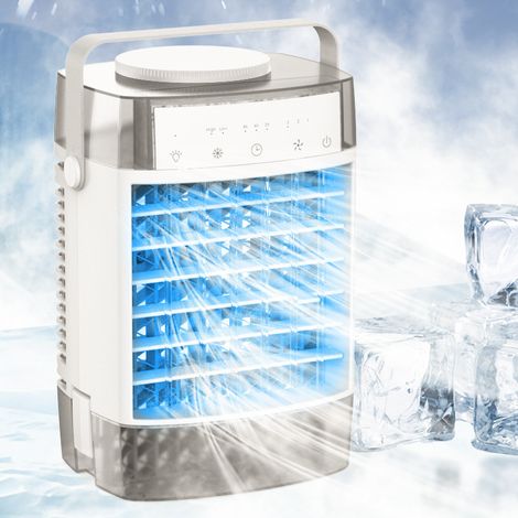 Petit climatiseur 4 en 1, ventilateur de refroidissement d'air de bureau, Ventilateur brumisateur rechargeable avec réservoir d'eau et minuterie