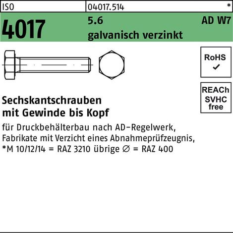 ISO 4017 Sechskantschraube VG nach AD W7 für Druckbehälterbau M20x130 Stahl 5.6 galvanisch verzinkt 25 Stk