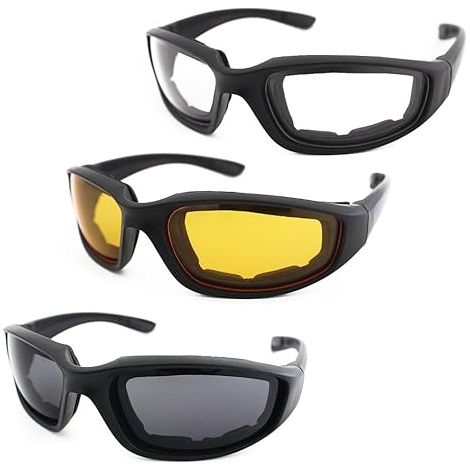 3 Paar Motorradbrillen, gepolstert, UV-Schutz, staubdicht, winddicht, Outdoor-Sportbrillen