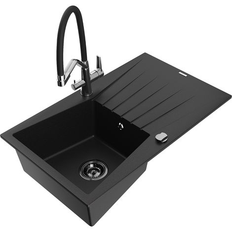Mexen Cesar 1 Becken-Granitspüle mit Abtropffläche und Mischbatterie Duo, Schwarz - 6514-77-671701-0